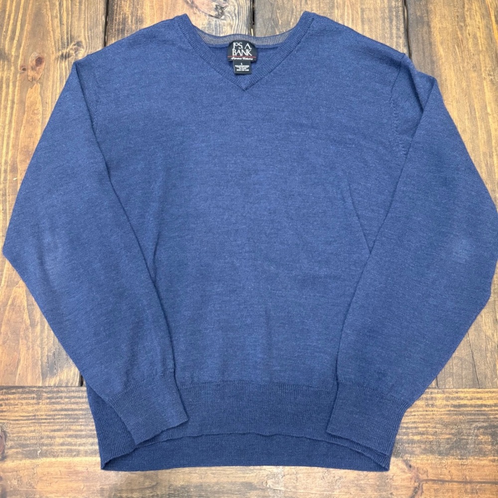 Jos A Bank Signature‎ Collection Mens Blue 100% Merino Wool V-Neck Sweater Large